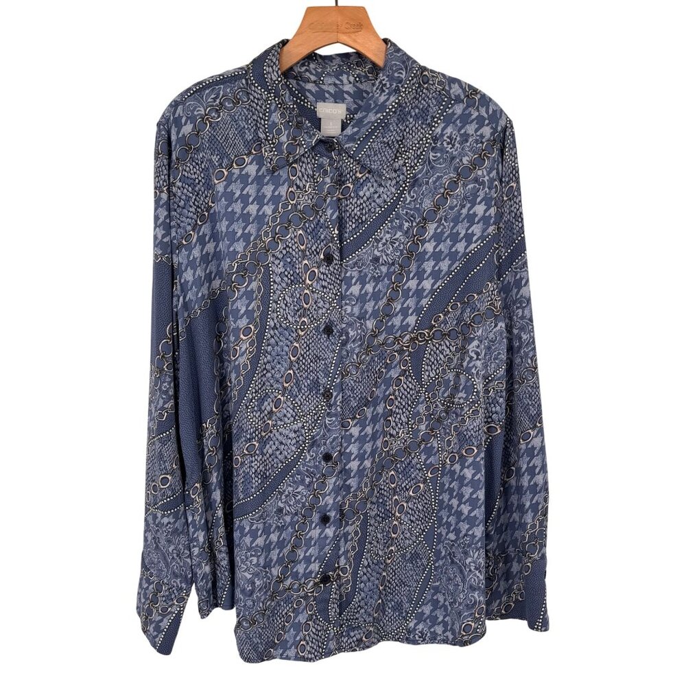 Chicos 3 Womens Button-Down Long Sleeve Shirt Size XL Blue Geometric satin